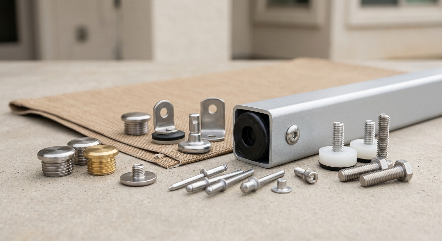 A close-up, detailed shot of various corrosion-resistant Patio Furniture Hardware components (e.g., stainless steel bolts, specialized plastic glides, brass inserts) meticulously arranged on a weather-worn wooden surface, highlighting their robust construction and resistance to outdoor elements.