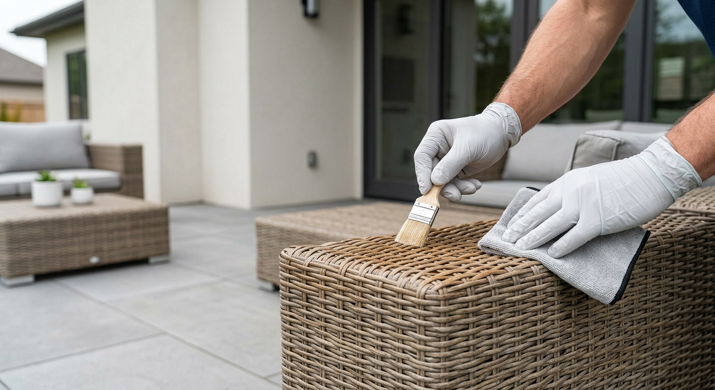 A close-up of a person restoring metal furniture, a key part of Patio Furniture Maintenance: The Ultimat.
