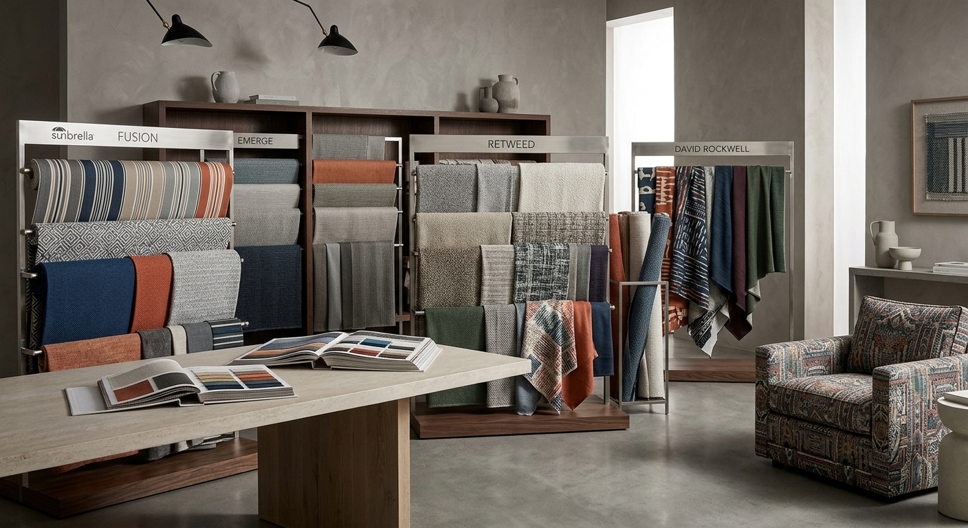 A vibrant, stylish outdoor patio scene featuring modern furniture upholstered in diverse Sunbrella Fabric Collections, showcasing a rich palette of colors and textures under bright sunlight.