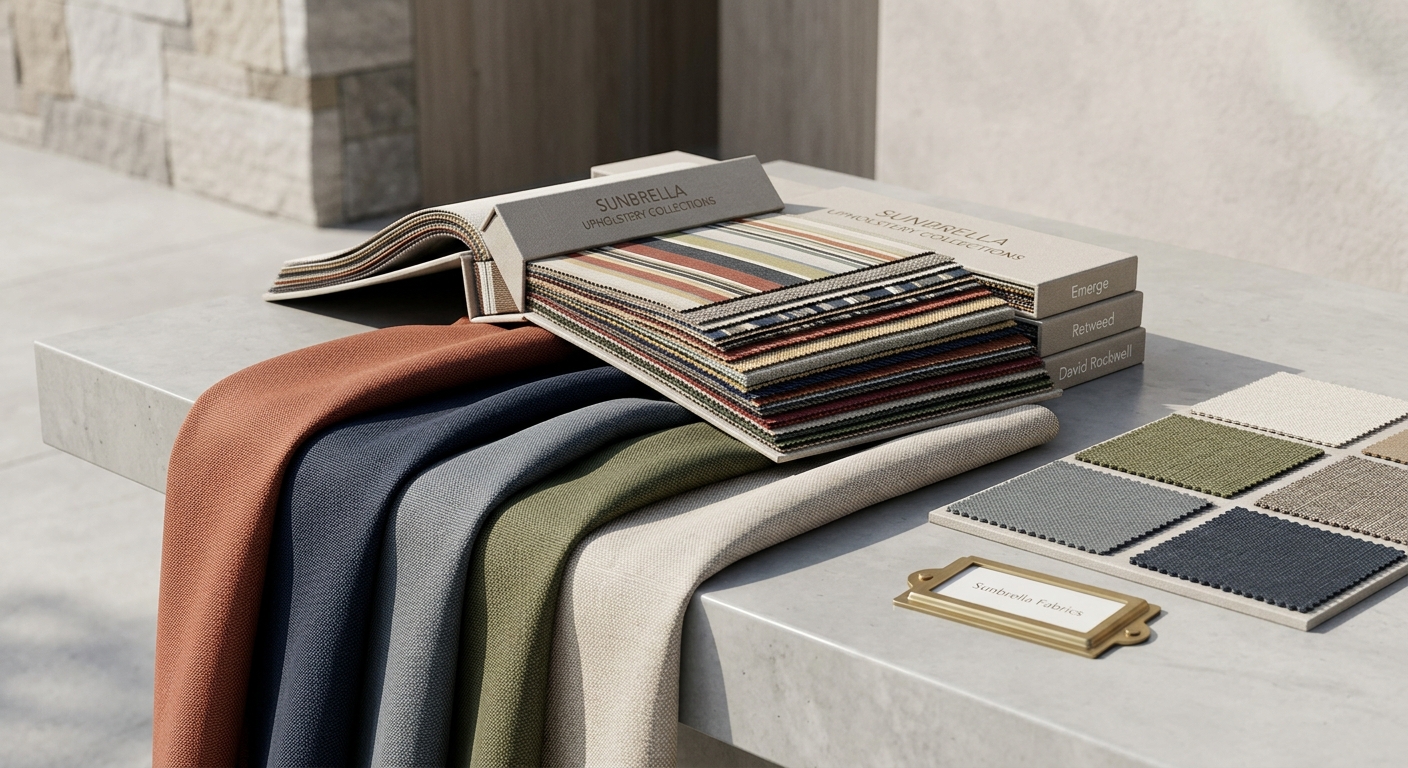 A close-up, high-detail shot of various Sunbrella Fabric Collections, arranged to highlight their unique weave patterns, durability, and fade-resistant properties, with water beading on the surface.