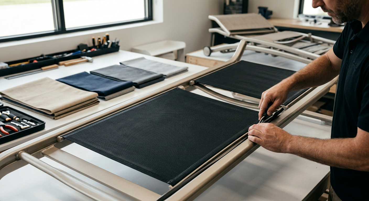 A detailed view of Tropitone Chair Sling Repair: 6 Effortle in progress.