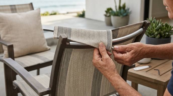 Close-up on a person's hand confidently touching a high-quality, weather-resistant chair sling fabric, demonstrating its strength and texture, dispelling chair sling myths.