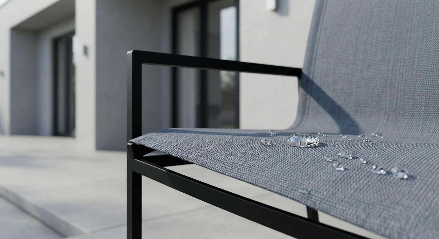 A person applying a water repellent spray to a clean Sunbrella cushion, demonstrating the final step in Sunbrella Fabric Care