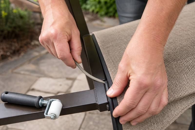 Loveseat Sling Replacement: 7 Ultimate Steps for a Patio... 4 A close-up view of hands using a spline roller to insert a spline into a frame channel during a Loveseat Sling Replacement.