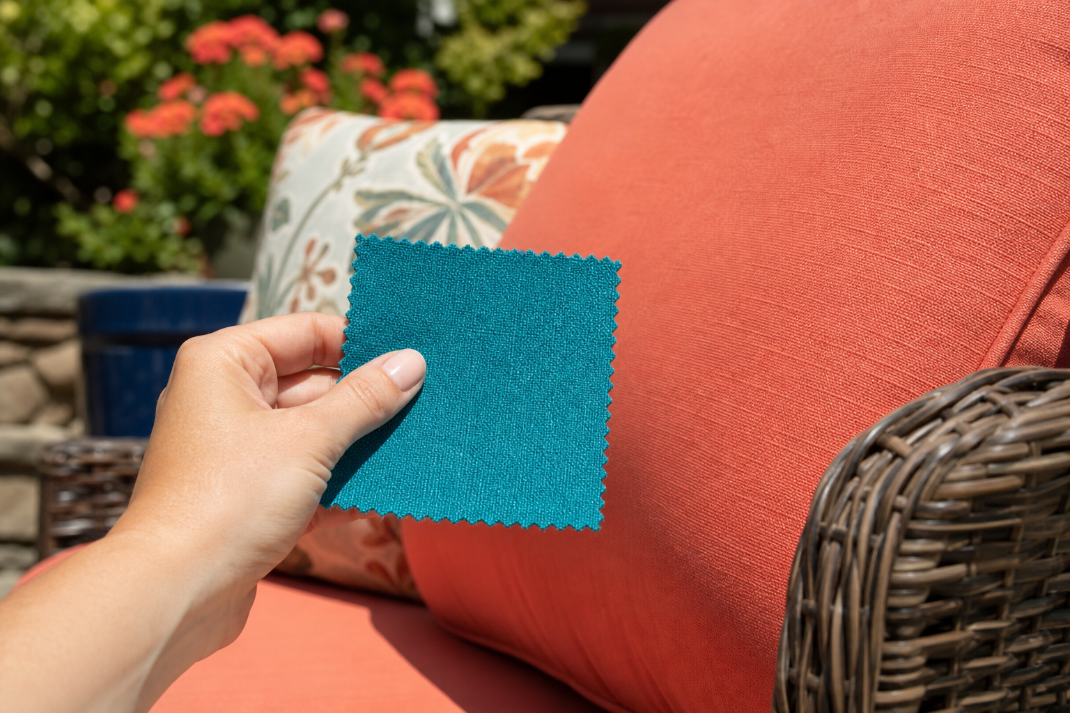 Outdoor Fabric Samples displayed with patio furniture