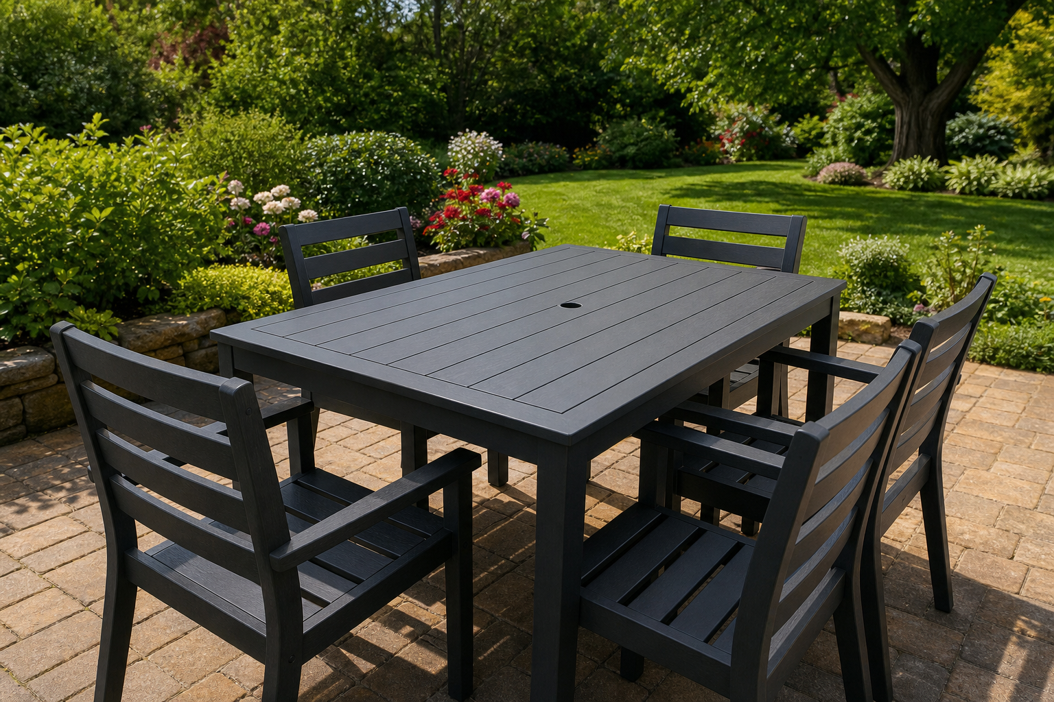 Finished outdoor furniture spray paint project, showing a vibrant, newly painted patio set in a garden.