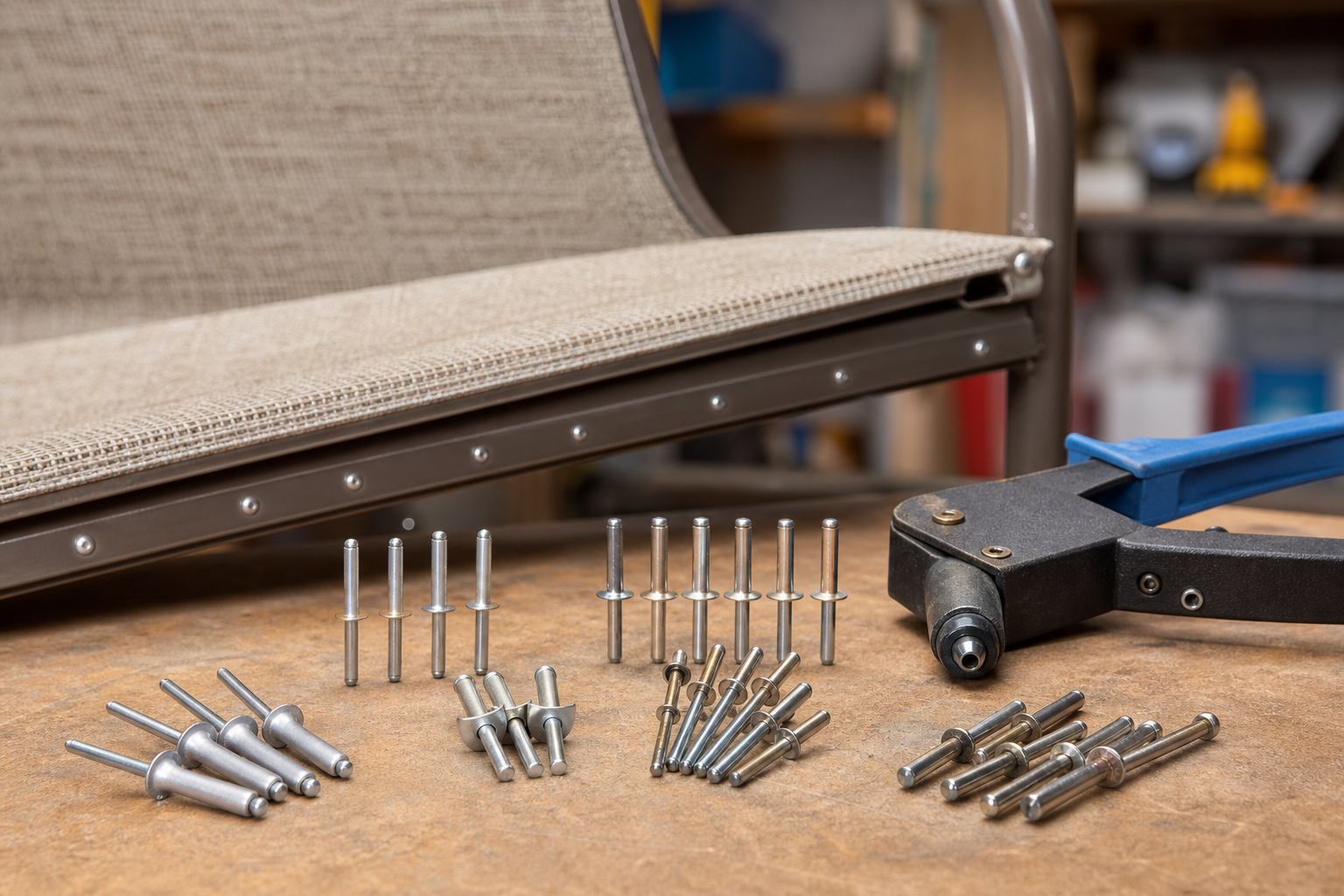 Assortment of Patio Chair Rivets and rivet gun