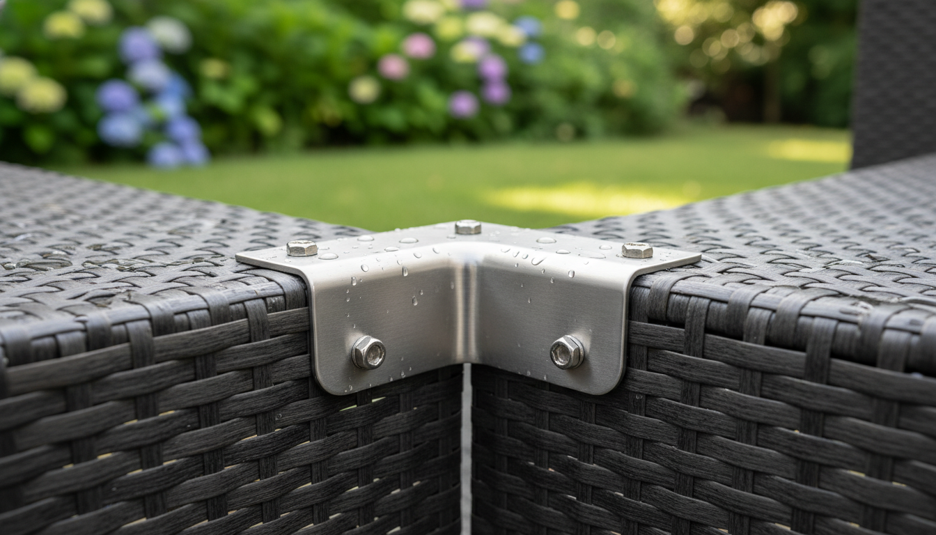 Close-up of a weather-resistant patio furniture bracket installed on an outdoor sectional for enhanced stability