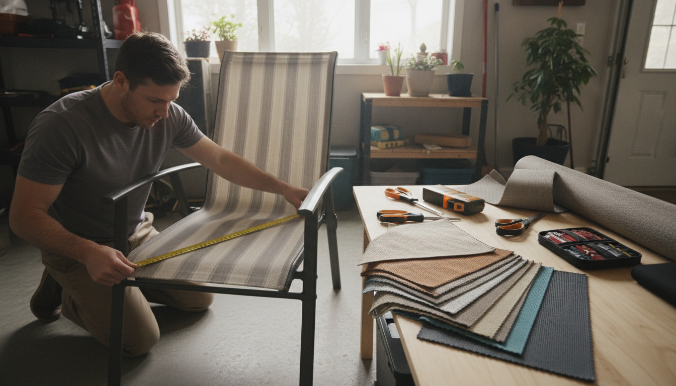 A clean, modern patio scene with well-maintained outdoor furniture, perhaps showing someone cleaning or making a minor repair to a chair sling. Soft, natural lighting. Theme: Cost-effective patio furniture repair.