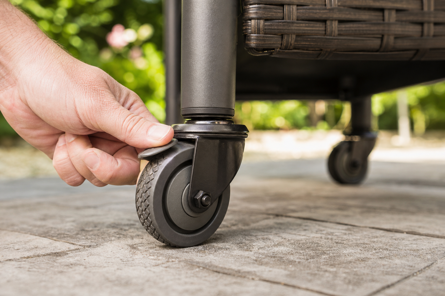 Patio Furniture Wheels: 9 Best Upgrades for Smooth Mobility 4 Close-up of a person installing new patio furniture wheels on an outdoor chair leg, demonstrating the replacement process.