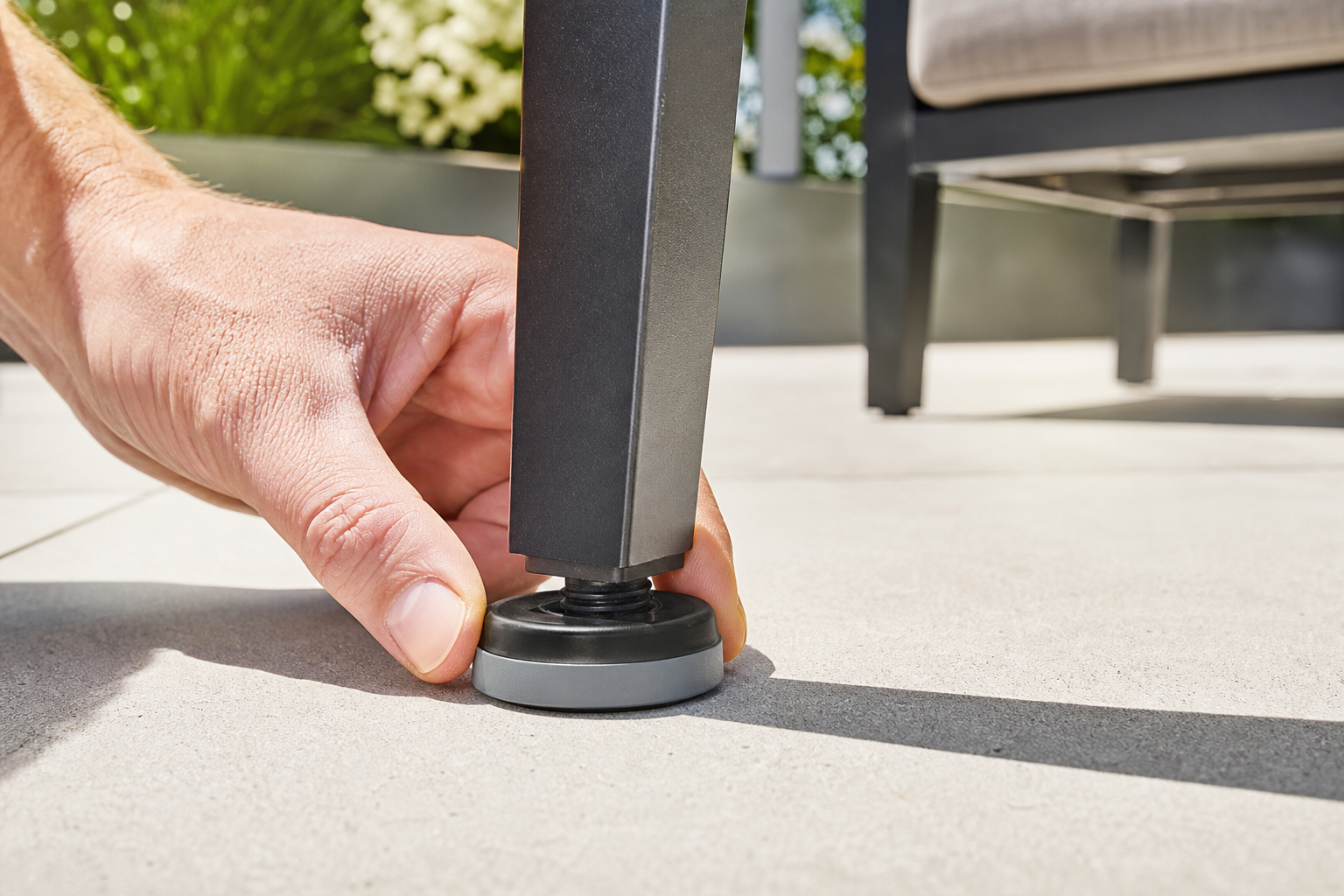 Patio Glides Installation: 7 Brilliant Tips for Ultimate... 3 Close-up of a hand installing a new patio glide on an outdoor chair leg, with a clean patio surface in the background. Focus on the precision of Patio Glides Installation.