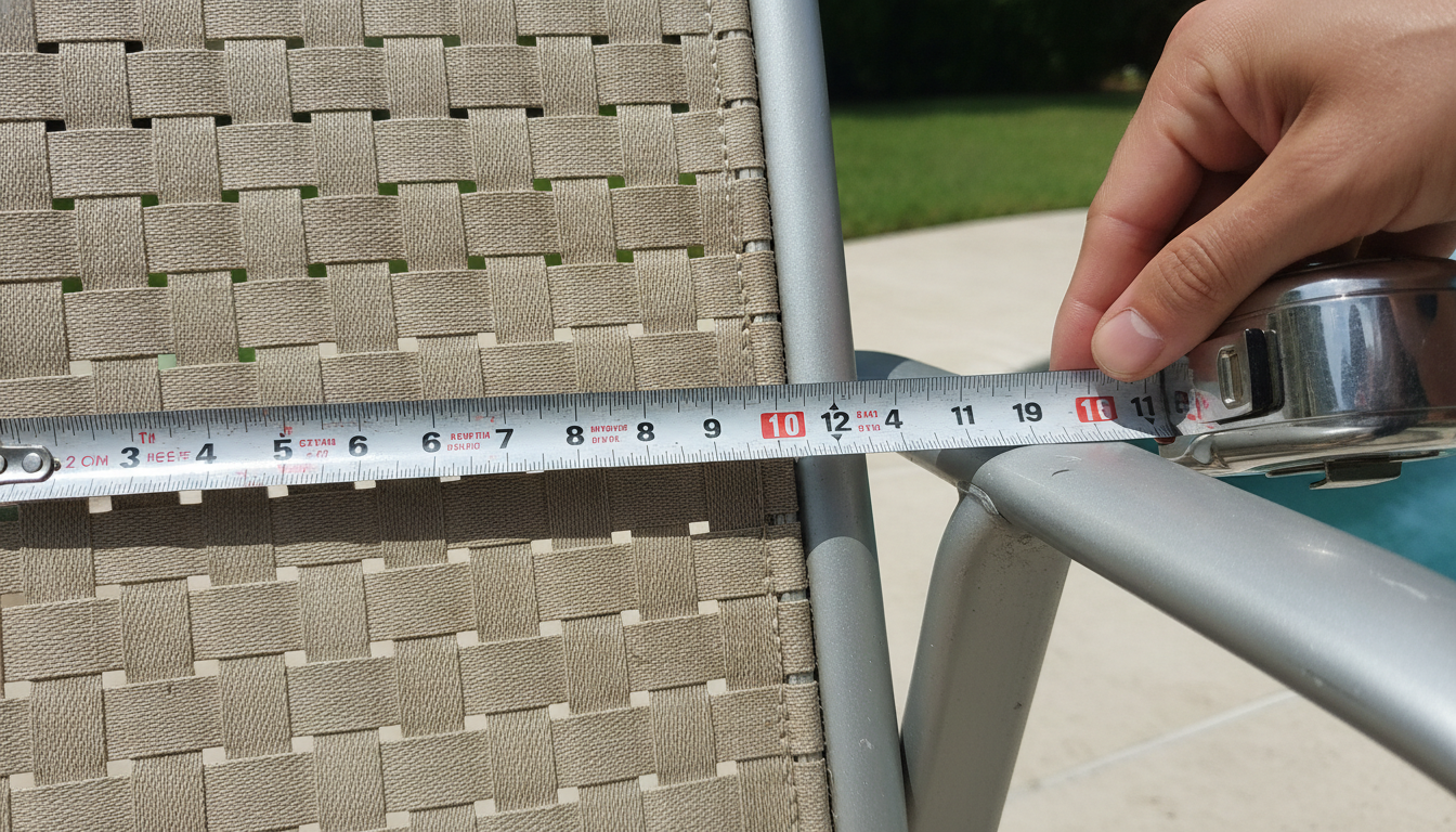 Patio Strap Measuring: 5 Crucial Secrets for Perfect Fit 3 Close-up of hands accurately performing Patio Strap Measuring with a tape measure, ensuring a perfect fit, bright outdoor lighting, 16:9 aspect ratio.