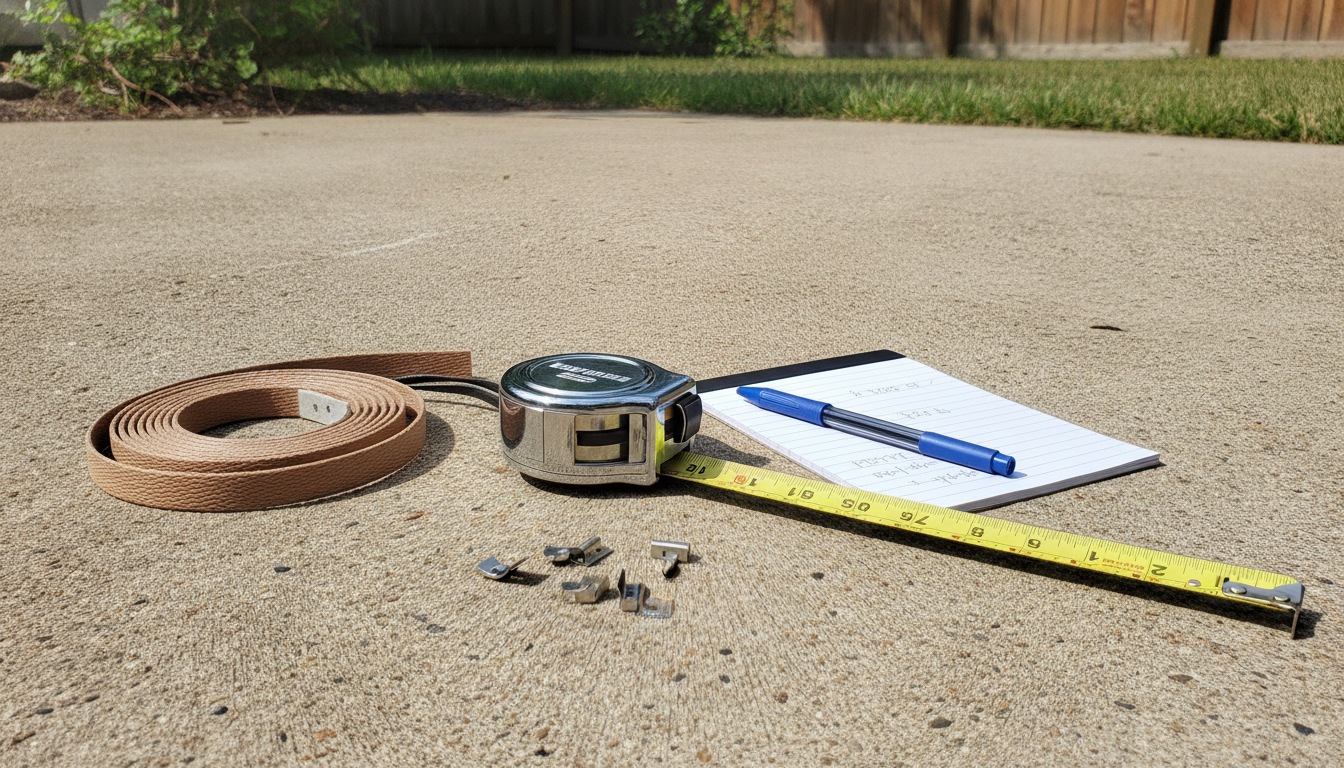 Patio Strap Measuring: 5 Crucial Secrets for Perfect Fit 4 Various patio chair straps and tools laid out on a clean surface, emphasizing precision and DIY, with a person inspecting Patio Strap Measuring in the background, 16:9 aspect ratio.