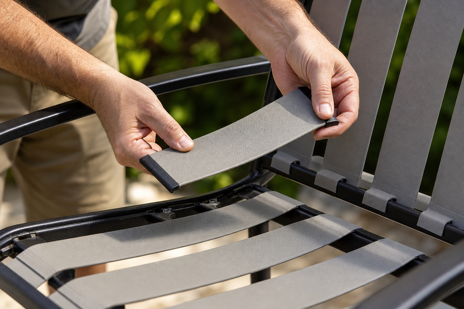 Close-up of hands installing a new Pre Cut Vinyl Strap onto a patio chair frame