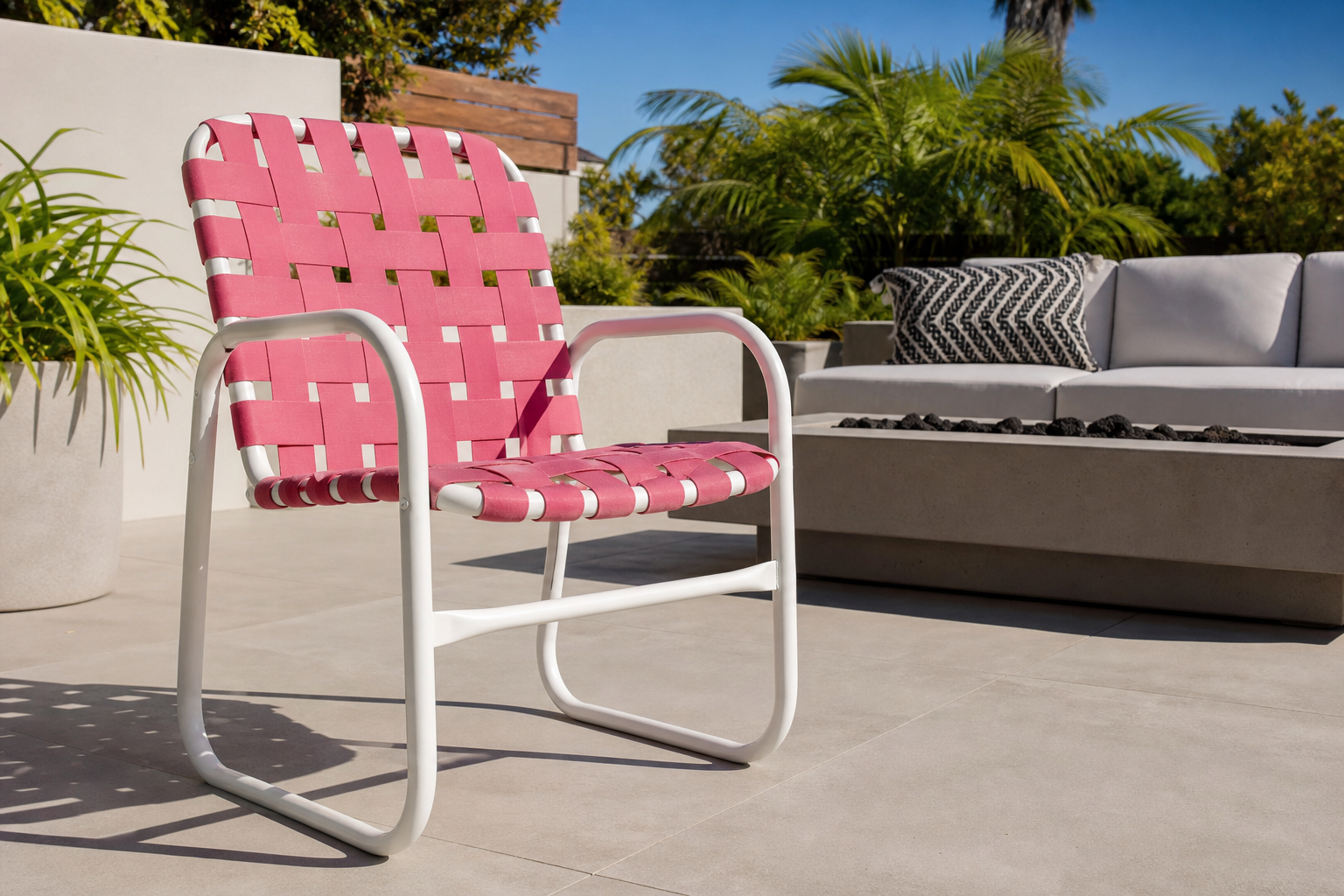 Close-up of clean and durable Pre-Cut Vinyl Straps on patio furniture