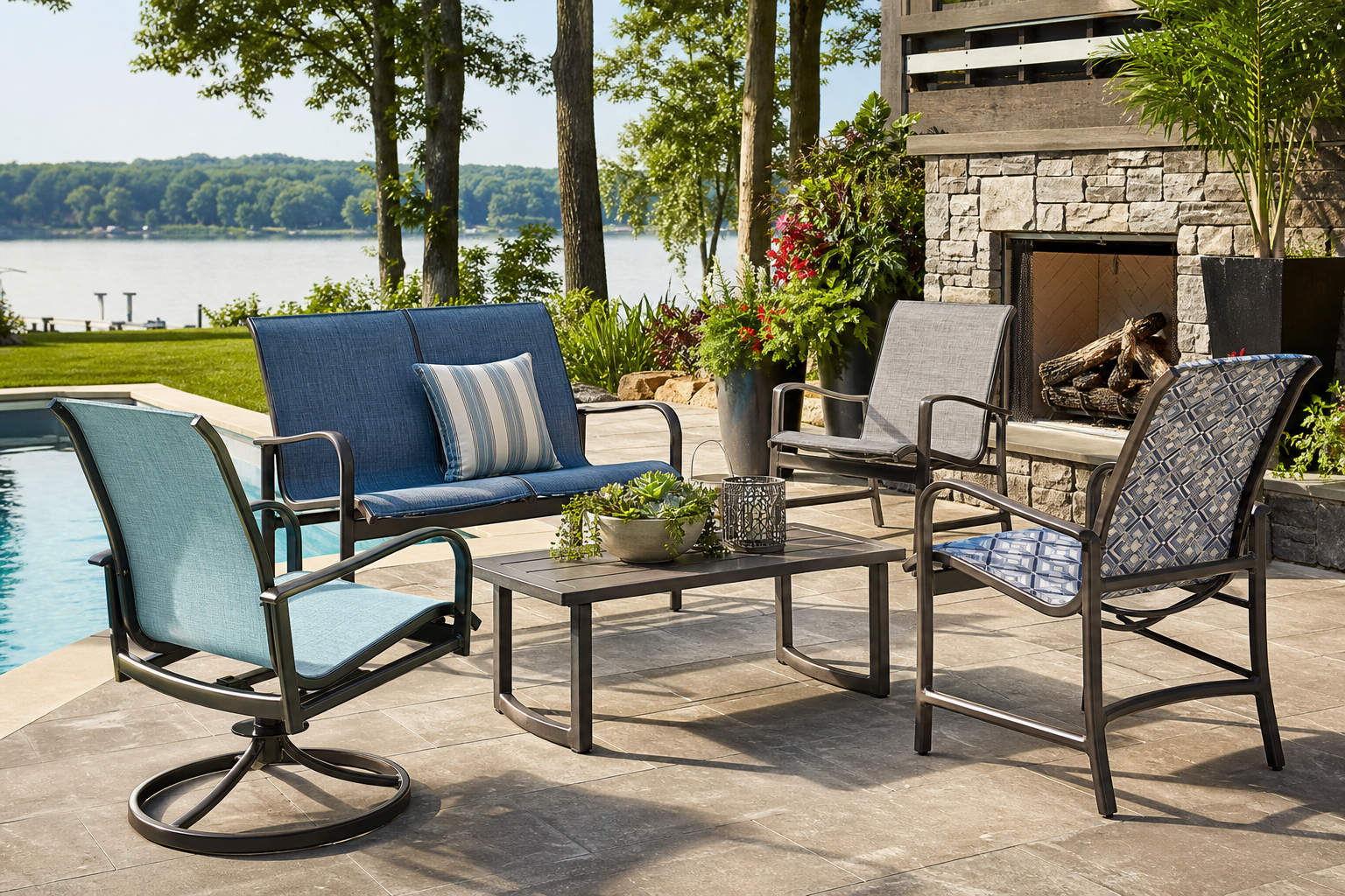 Modern patio featuring sleek outdoor furniture with vibrant Telescope Casual Slings, reflecting a powerful style upgrade.