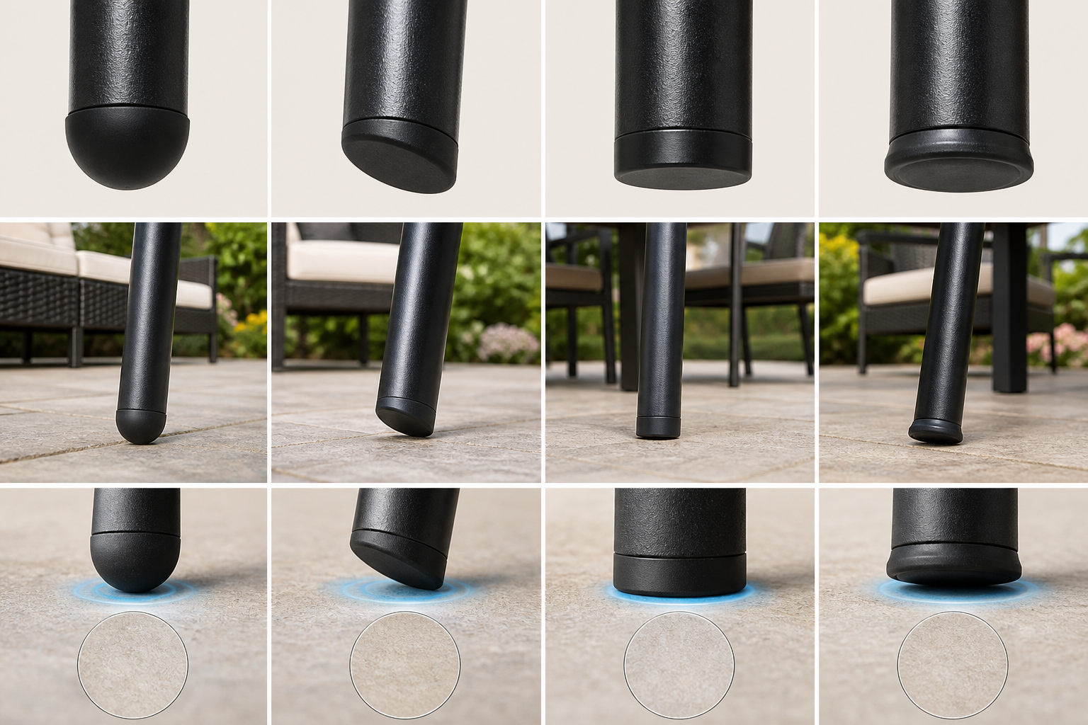Close-up of a patio chair leg with a durable ribbed insert End Cap Shapes, showing secure fit