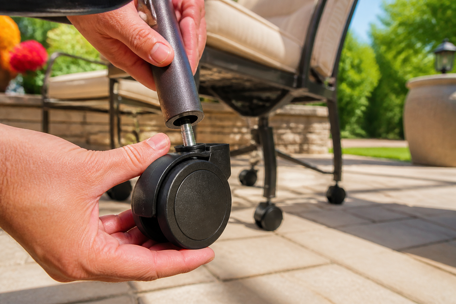 Replacement Chair Wheels: 6 Powerful, Effortless Upgrades 4 Close-up of various Replacement Chair Wheels on a patio surface