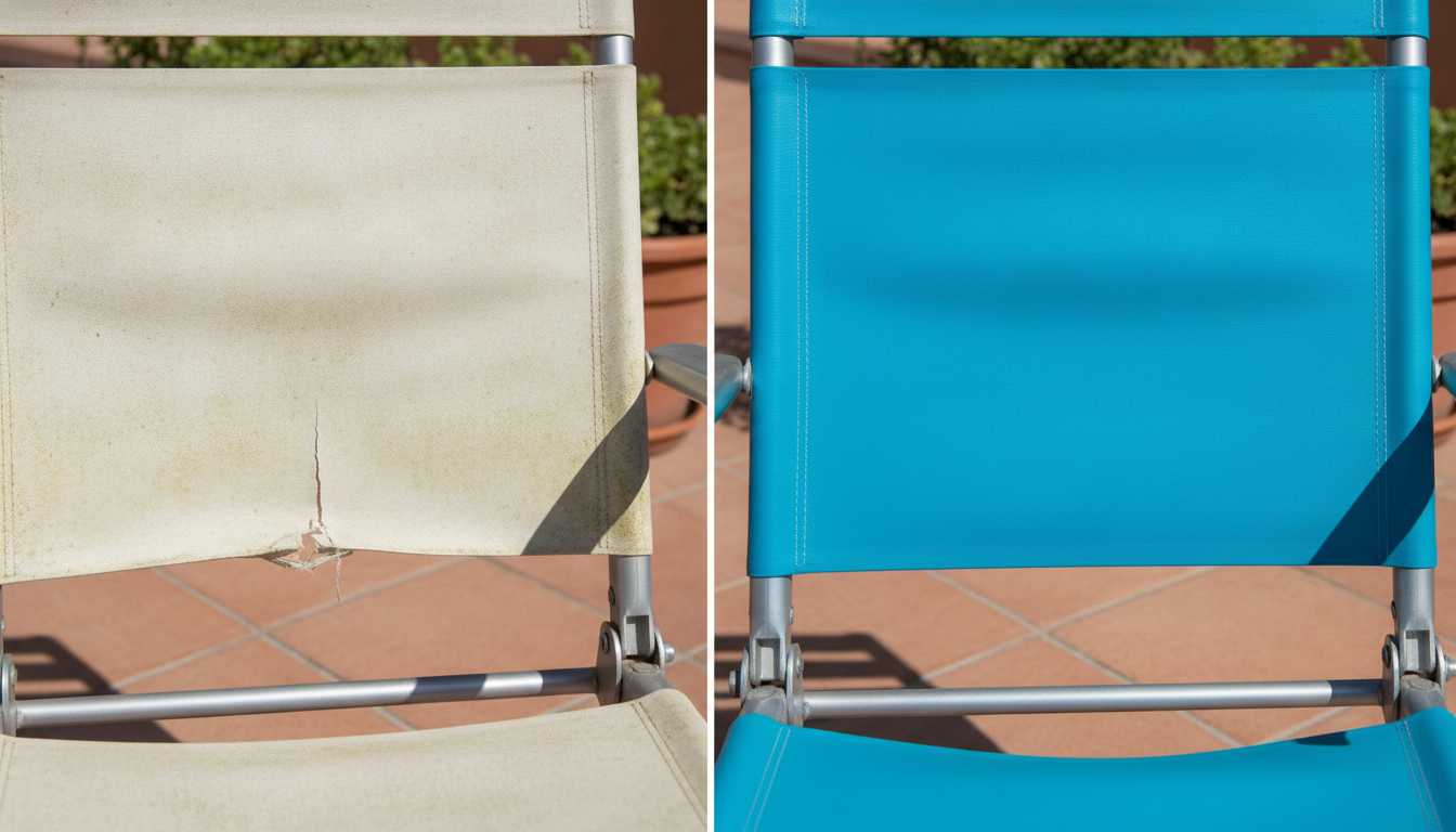 Close-up banner image of hands expertly performing a vinyl strap installation on a modern patio chair frame, with tools subtly visible in the background, conveying ease and precision.