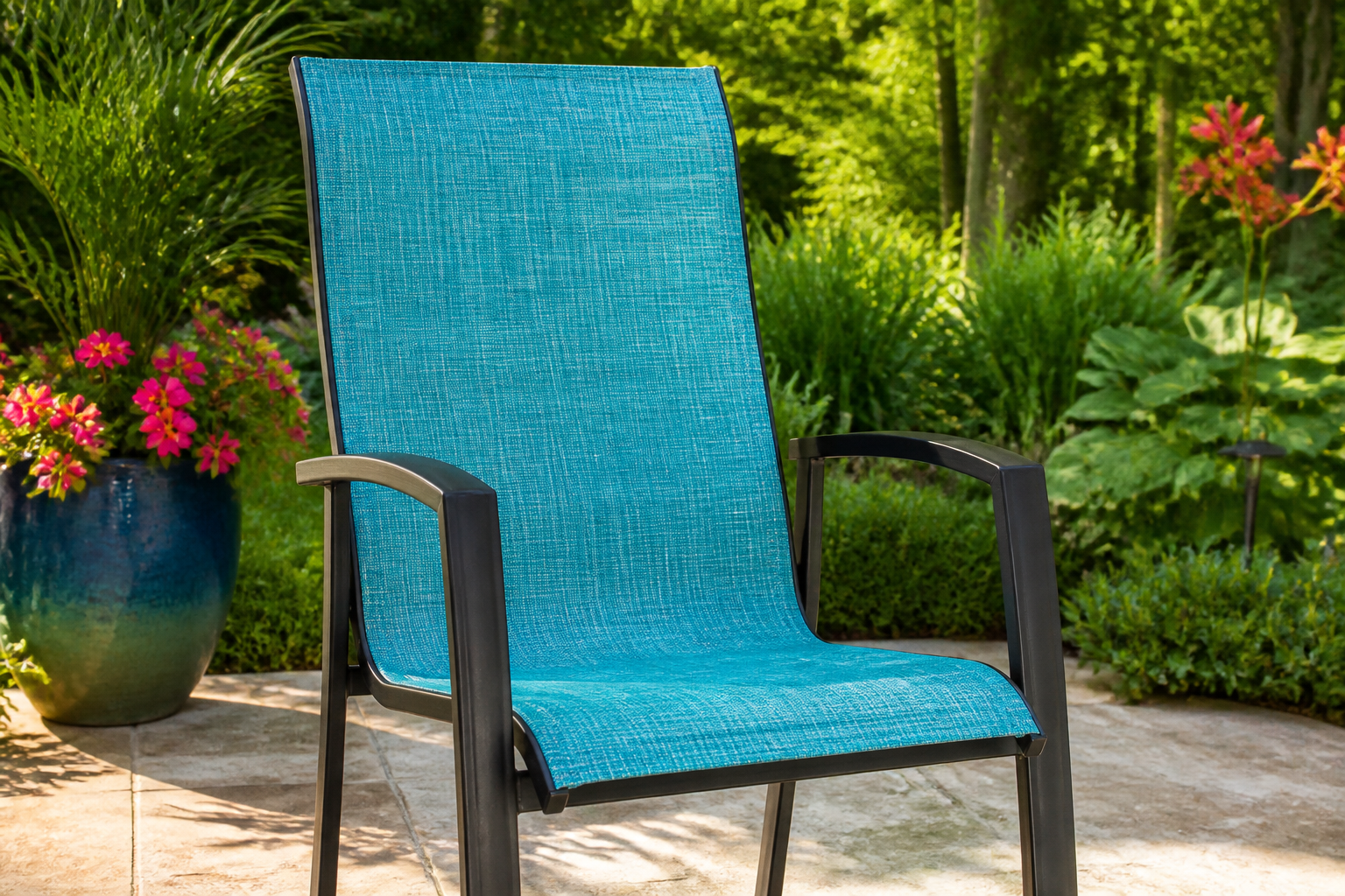 Accurate Sling Measurement: An aesthetically pleasing outdoor patio scene featuring perfectly fitted sling chairs, emphasizing comfort and durability.
