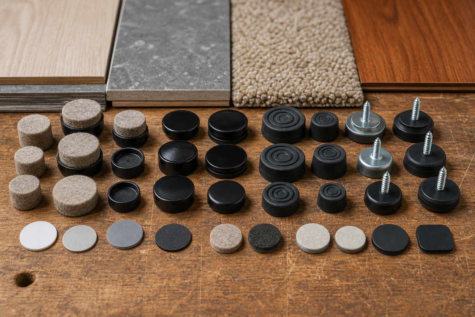 Detailed close-up shot showcasing a variety of Chair Feet Glides attached to different styles of chair legs.