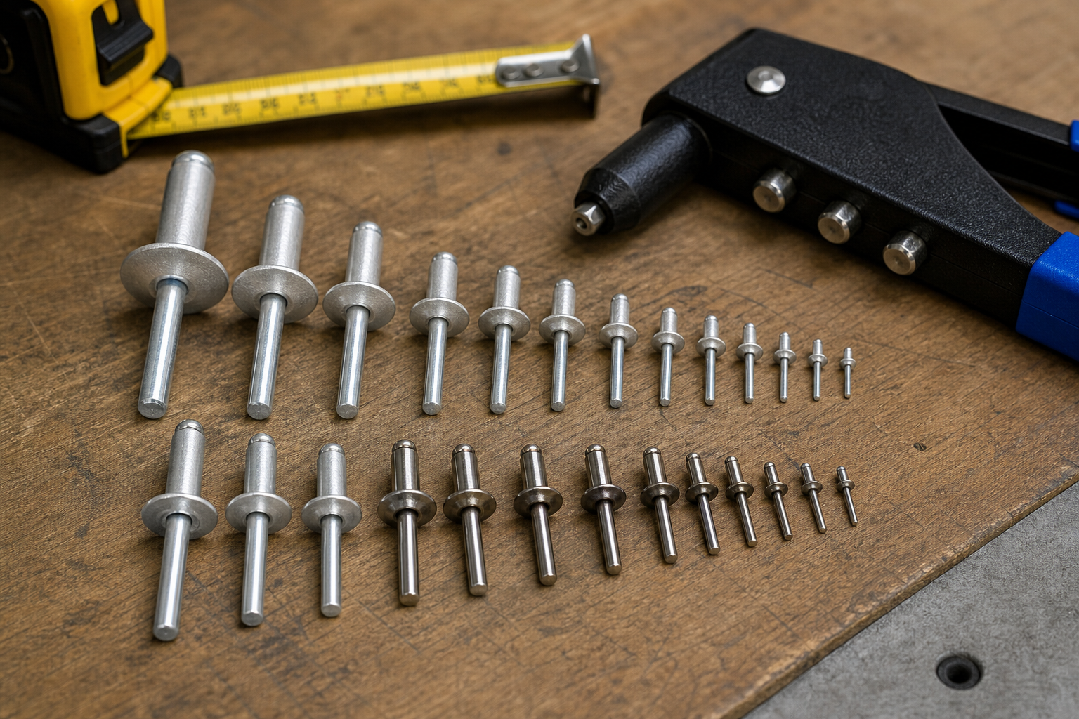 A close-up of various sizes and types of chair sling rivets laid out on a workbench next to a rivet gun and drill bits, emphasizing selection.