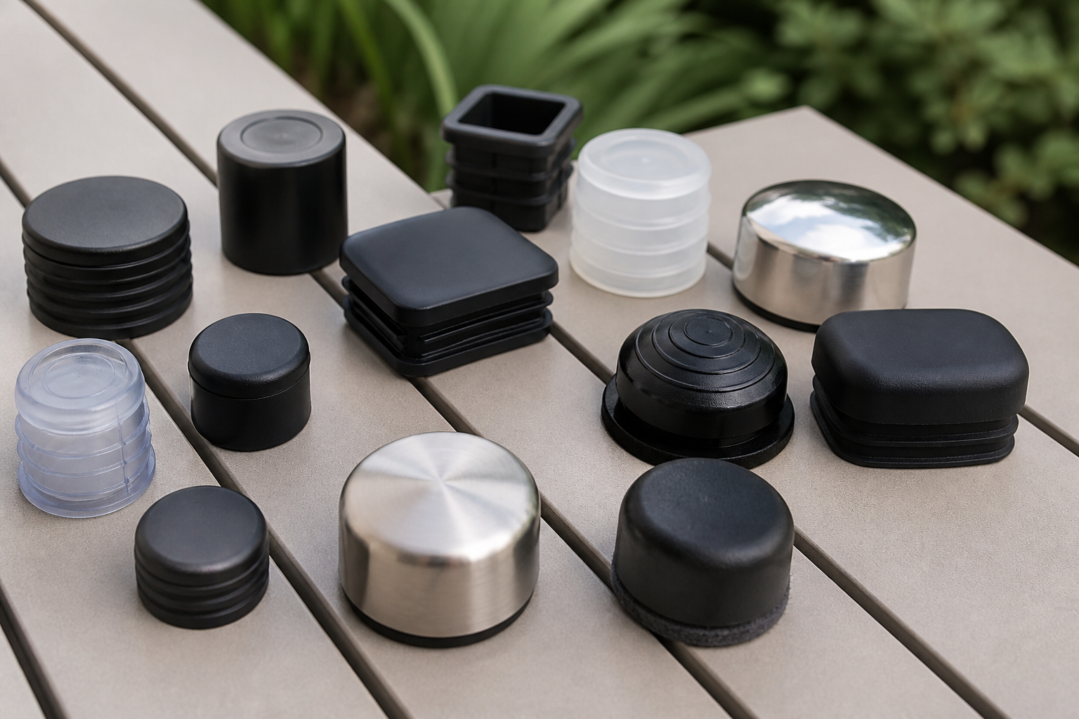 Stylish black Furniture End Caps protecting a composite deck