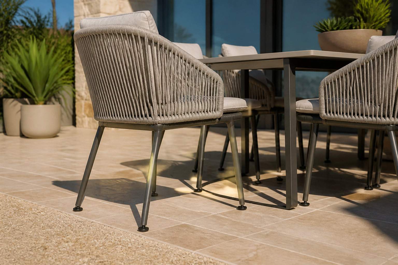 Patio furniture with visible, protective Furniture Feet Glide Materials in a lush outdoor setting