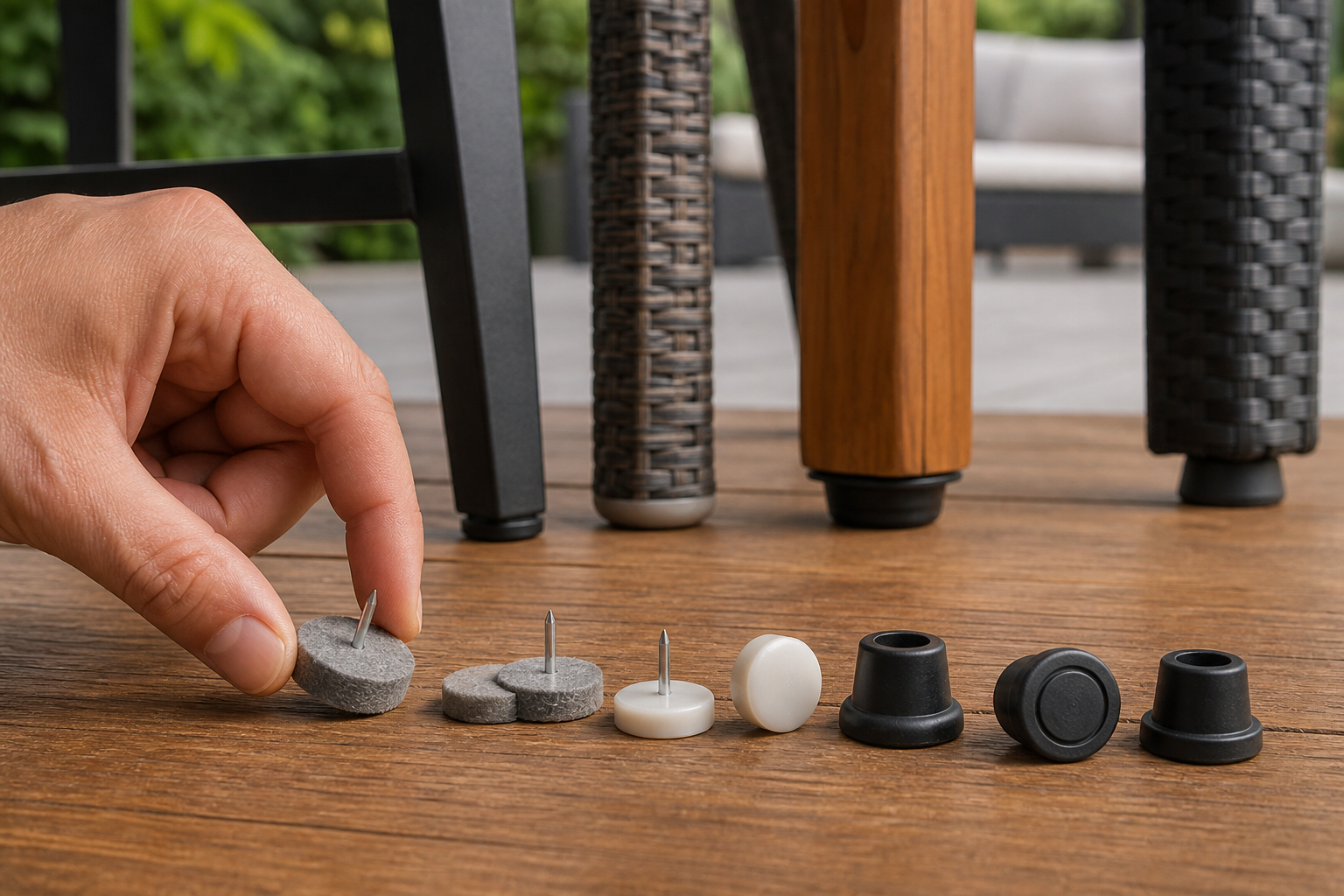 A clean, modern patio with various styles of outdoor furniture. Some furniture legs clearly show different types of Identify Feet Glides (felt, plastic, rubber) protecting the patio surface. The scene is bright and inviting, showcasing durability and protection.