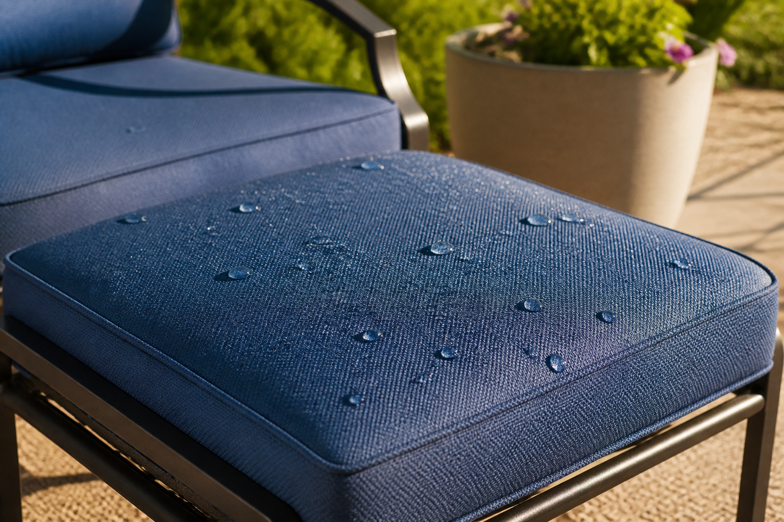 Vibrant, well-maintained outdoor ottoman with clean, perfectly stretched sling fabric, gleaming under natural sunlight in a stylish patio setting. Ottoman Sling Care