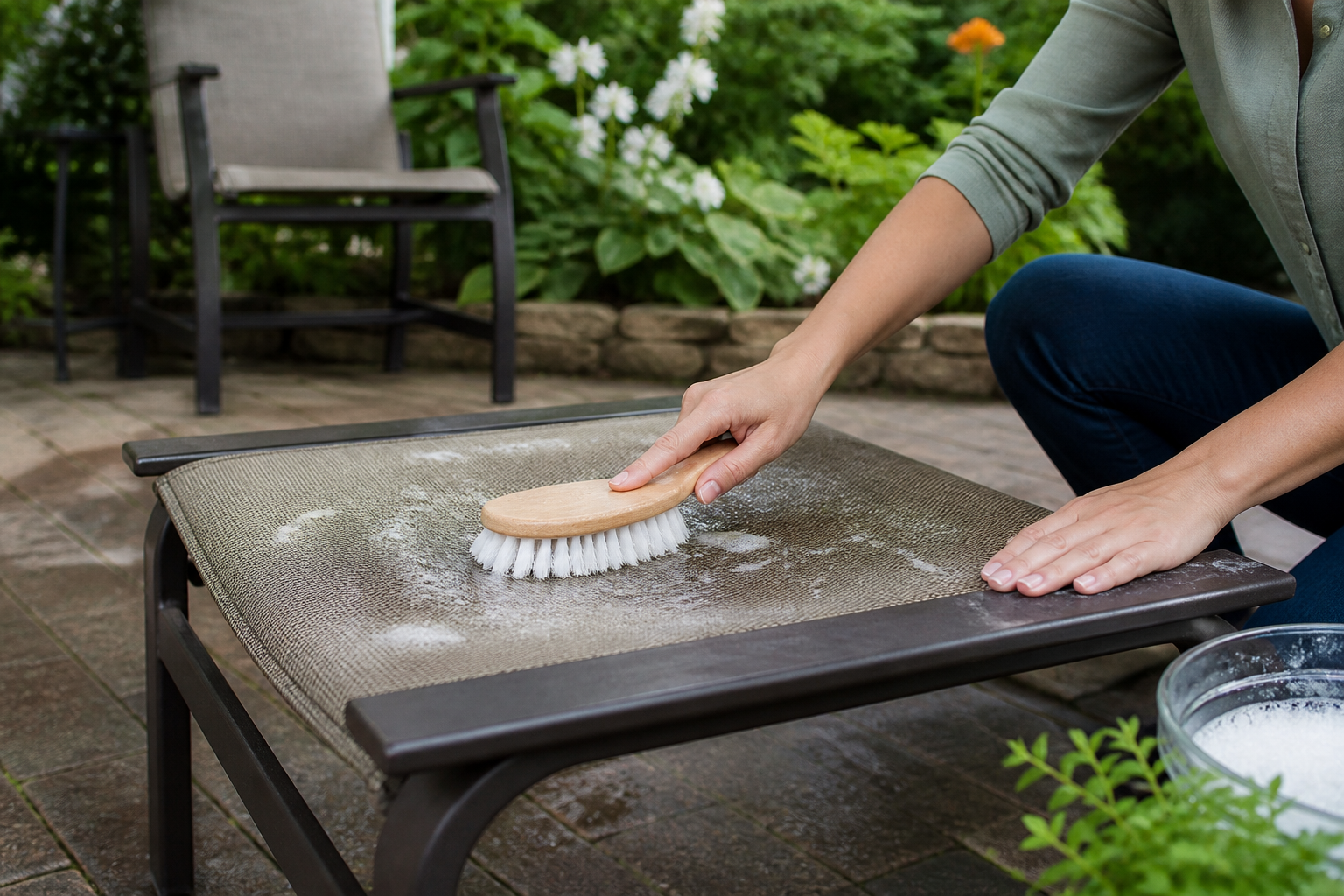Close-up of hands applying a protective treatment or gently cleaning an ottoman sling, emphasizing the texture of the fabric and the care process, with a focus on preserving its beauty. Ottoman Sling Care