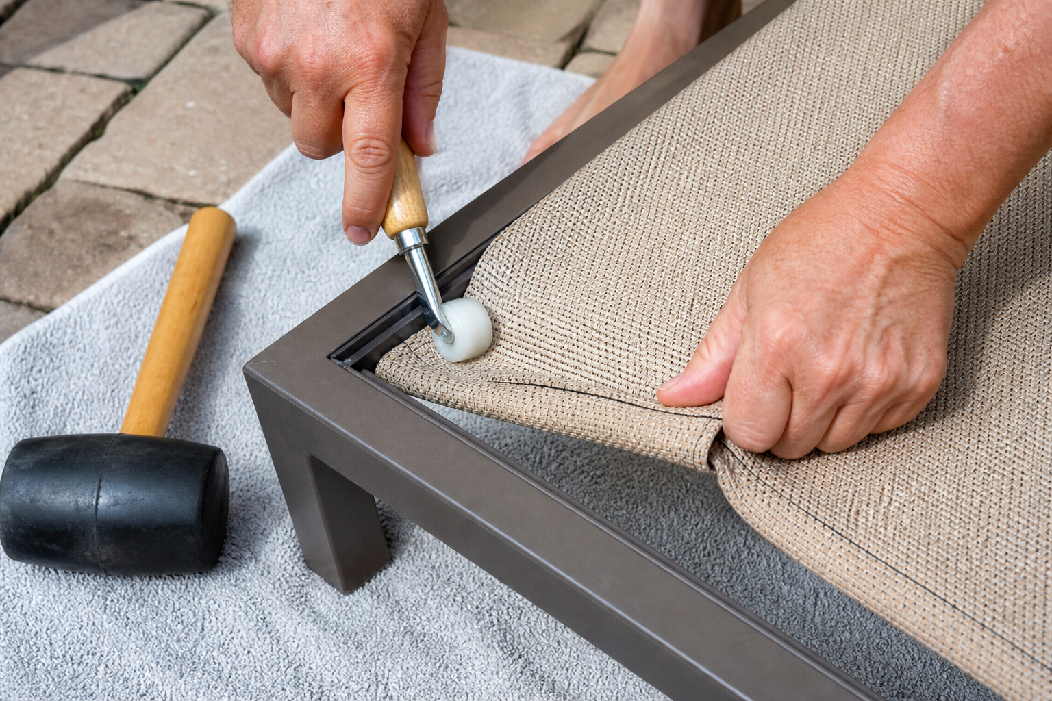 Ottoman Sling Replacement: 9 Incredible Transformations 4 Ottoman Sling Replacement showing new fabric being installed on a patio ottoman
