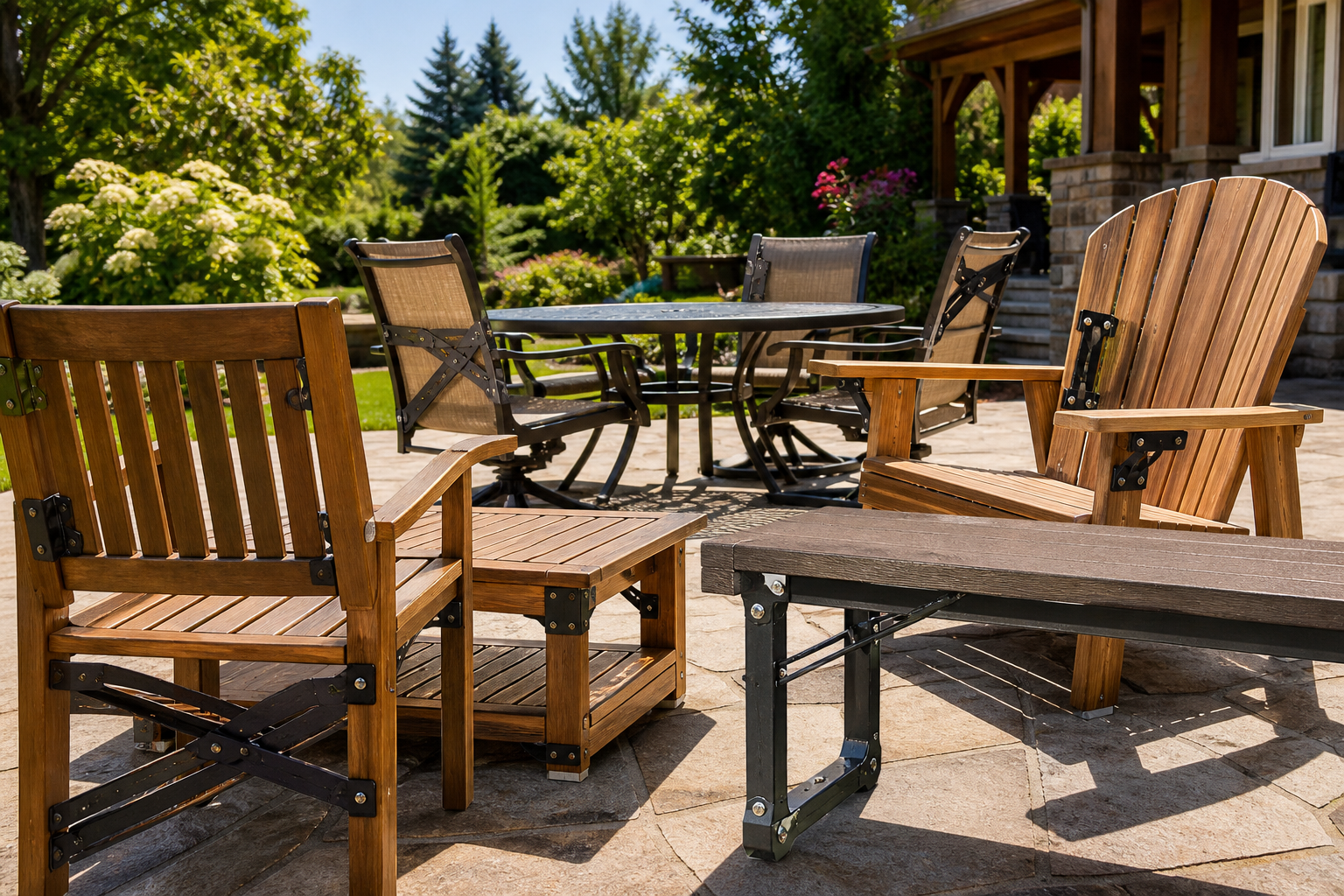 Close-up of a reinforced patio chair bracket with new metal plates and stainless steel bolts, demonstrating effective Patio Furniture Bracket Reinforcement.