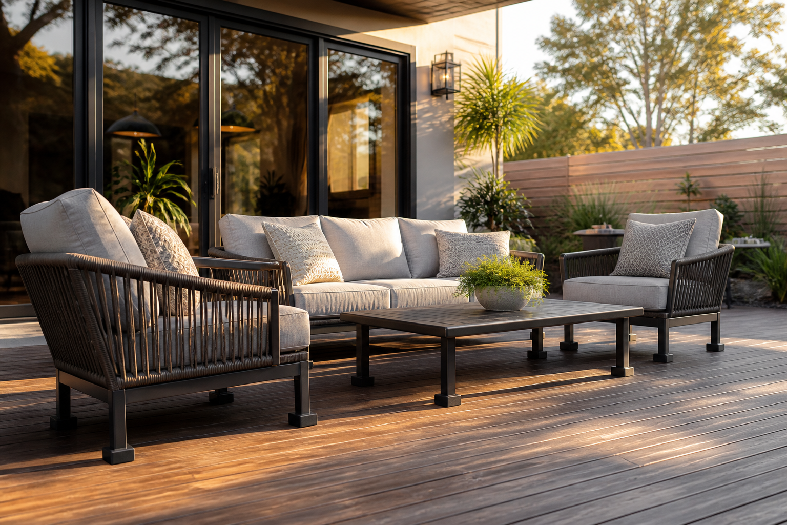 A modern patio with elevated outdoor furniture, showcasing effective patio furniture elevation techniques for style and protection