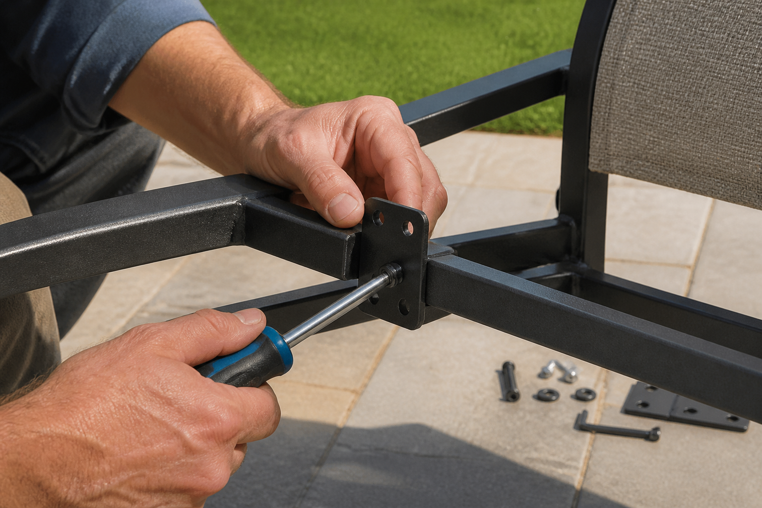 Replacement Brackets: 6 Powerful Types for Patio Furniture 4 A close-up of a hand installing a replacement bracket onto a patio chair frame, showing the precision and tools involved in securing replacement brackets.