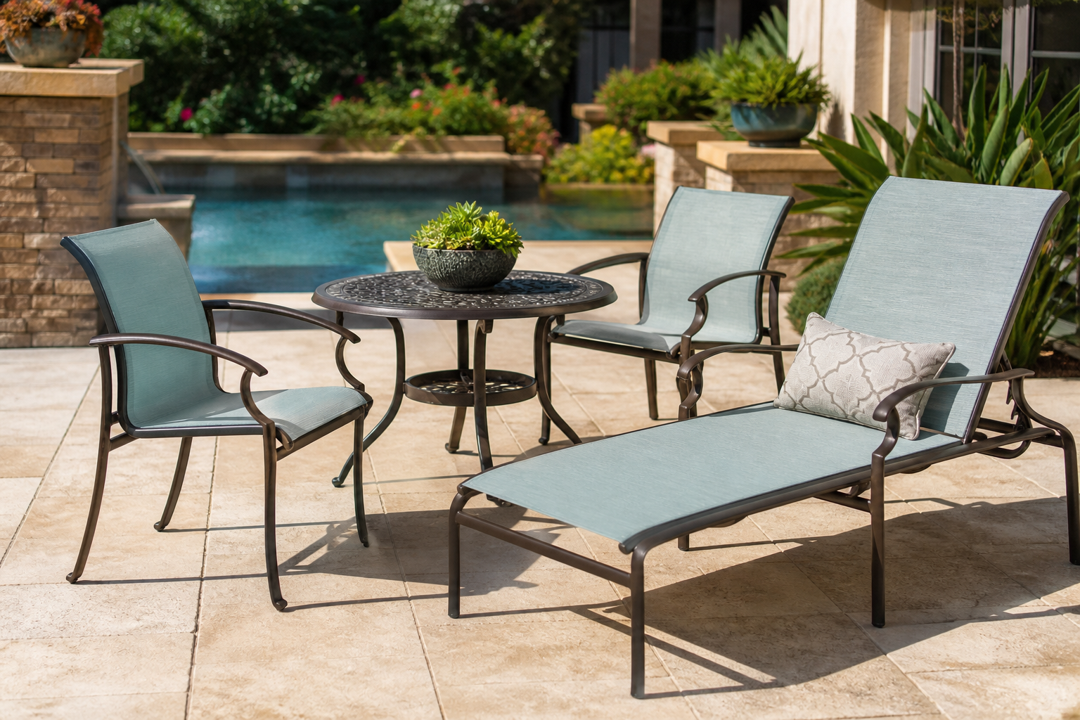 Beautifully restored Tropitone patio chair with new Tropitone Sling Replacement