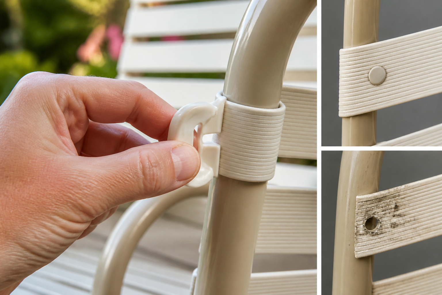 Vinyl Strap Rivets vs Clips: A close-up of a hand installing both rivets and clips on patio furniture