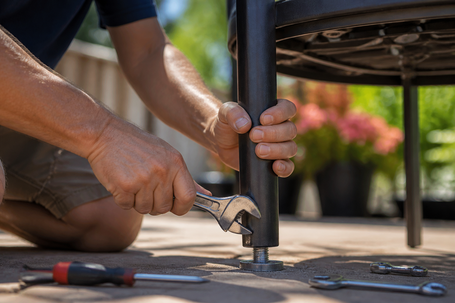 Patio Table Leg Repair: 4 Brilliant Steps for Stability 3 A close-up of a person inspecting a wobbly patio table leg, highlighting the need for Patio Table Leg Repair and stability restoration.