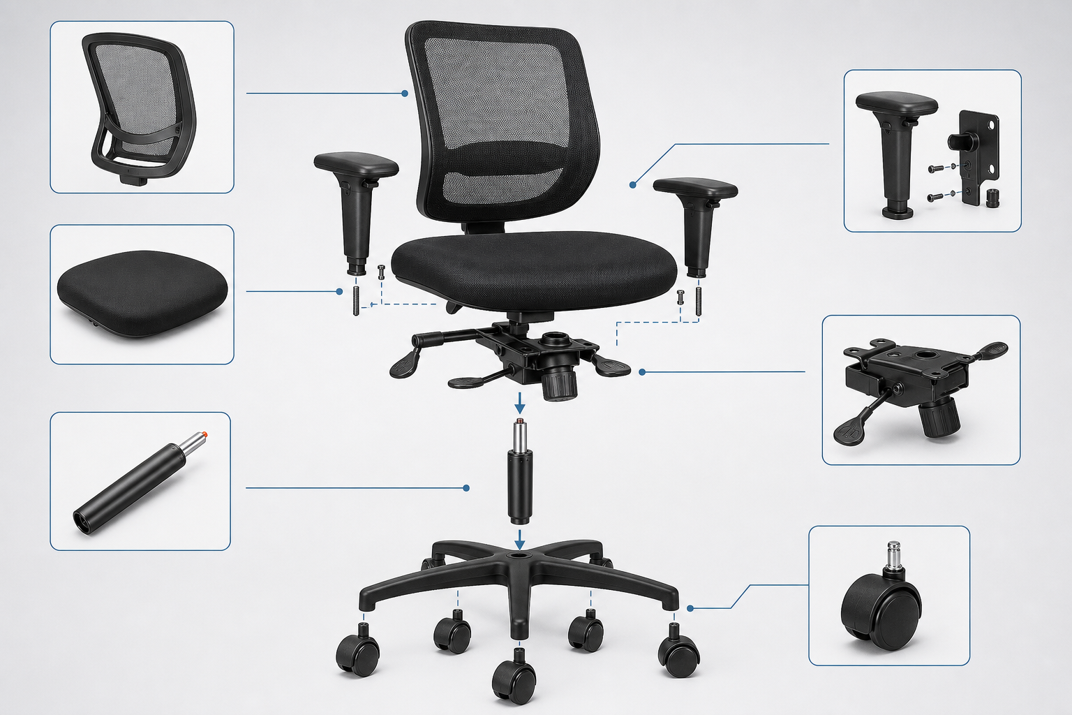 Illustrative banner depicting three Ultimate Fixes for common Swivel Chair Repair problems