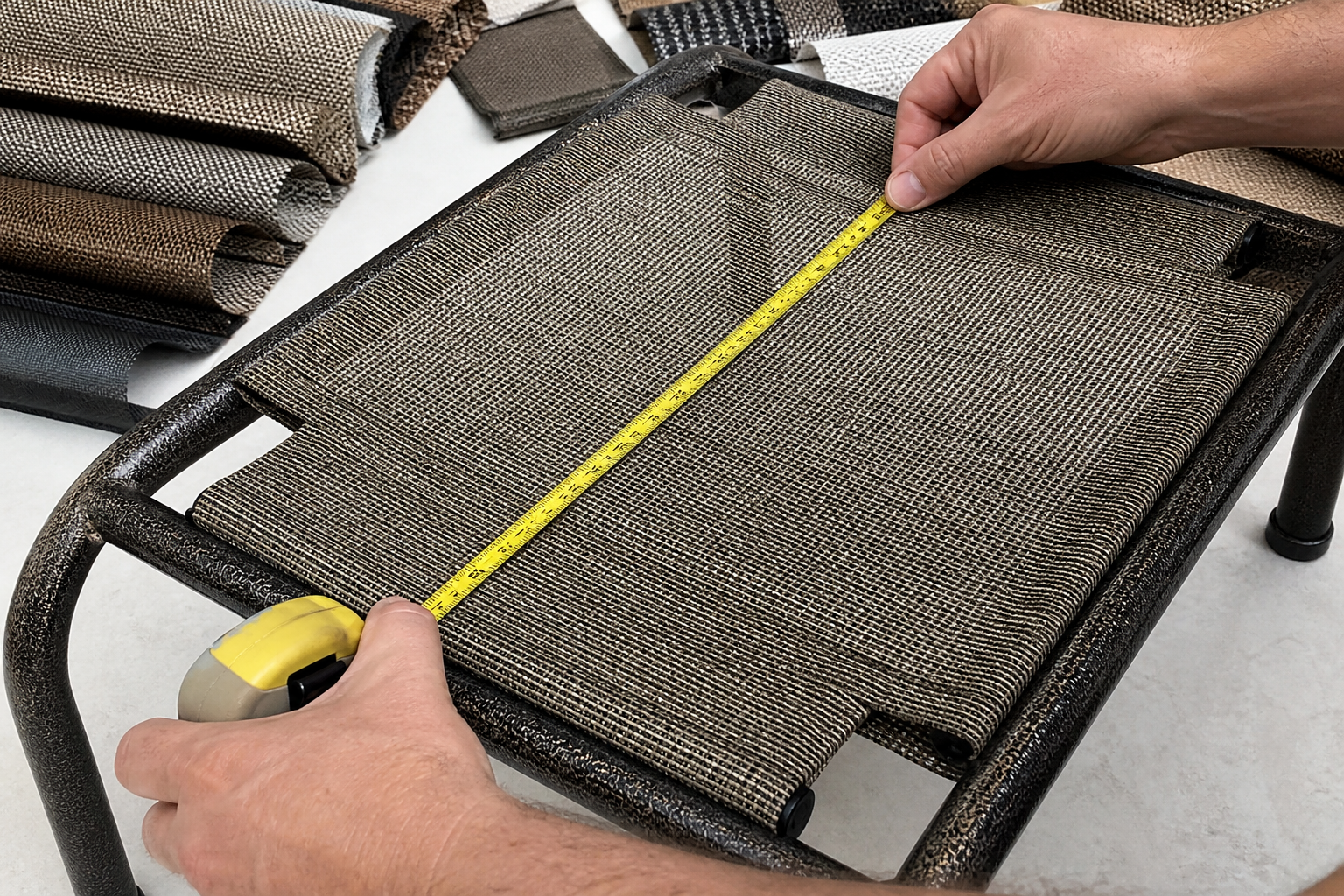 Ottoman Sling Measuring: Fabric samples for custom ottoman slings from Chair Sling Store.