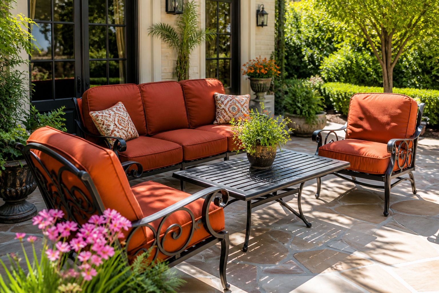 Transformed patio with high Patio Furniture Restoration Value showcasing a restored wrought iron chair.