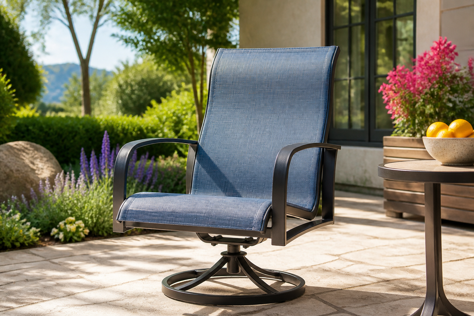 Swivel Chair Sling Upgrade: A vibrant, beautifully transformed outdoor swivel chair featuring a new, stylish sling. Show a close-up of the sling fabric texture and the smooth swivel mechanism, implying comfort and durability in a bright, inviting outdoor setting (e.g., patio, deck).