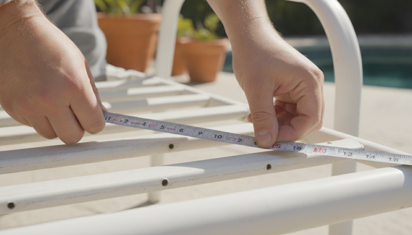 A person using a flexible tape measure on a patio chair frame, demonstrating a Vinyl Strap Measuring Guide technique.